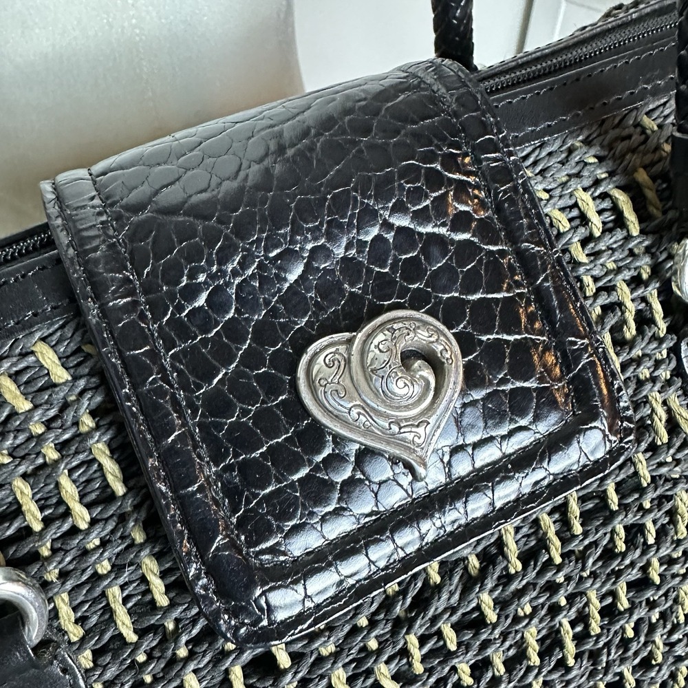 Brighton Woven wicker Straw Tote Shoulder Bag Black Brown Leather‎ XL Large - Picture 3 of 12